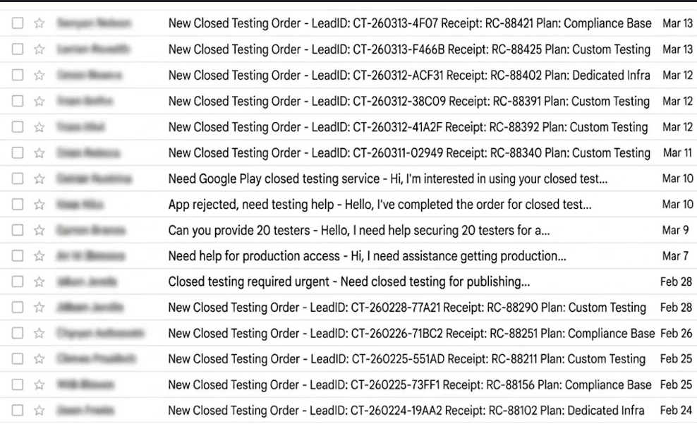 Real messages from developers — new apps, retries, and failed submissions