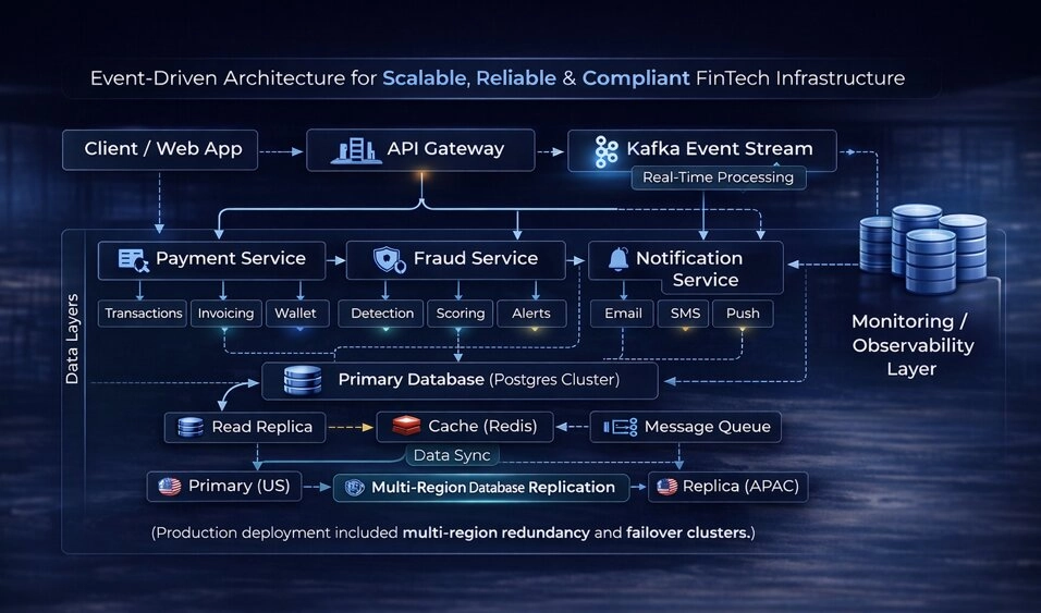 Event-driven fintech payment architecture using Kafka, API gateway, and microservices